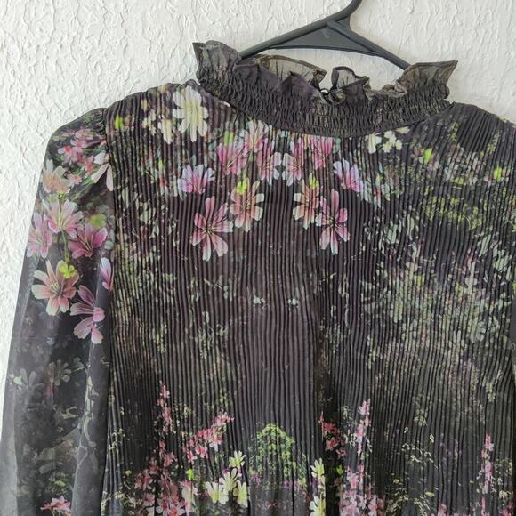 All Saints Cora Floral Top Pleated Blouse Sheer Black Ruffle Collar Neck Sz 4 - Picture 7 of 9